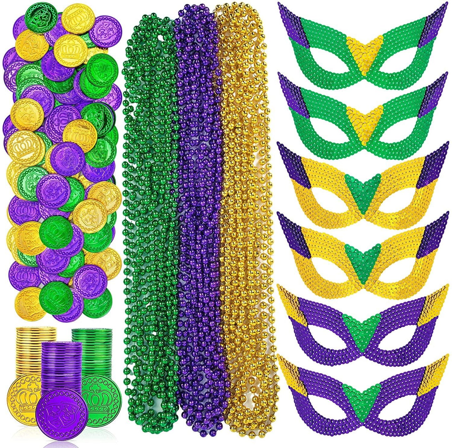 Mardi Gras Beads Necklaces Mask Coins Party Favors Set, 124pcs Mardi Gras Accessories Decorations Bulk for Kids Women Men Parades Carnival Games Toy Masquerade Party Decor Supplies