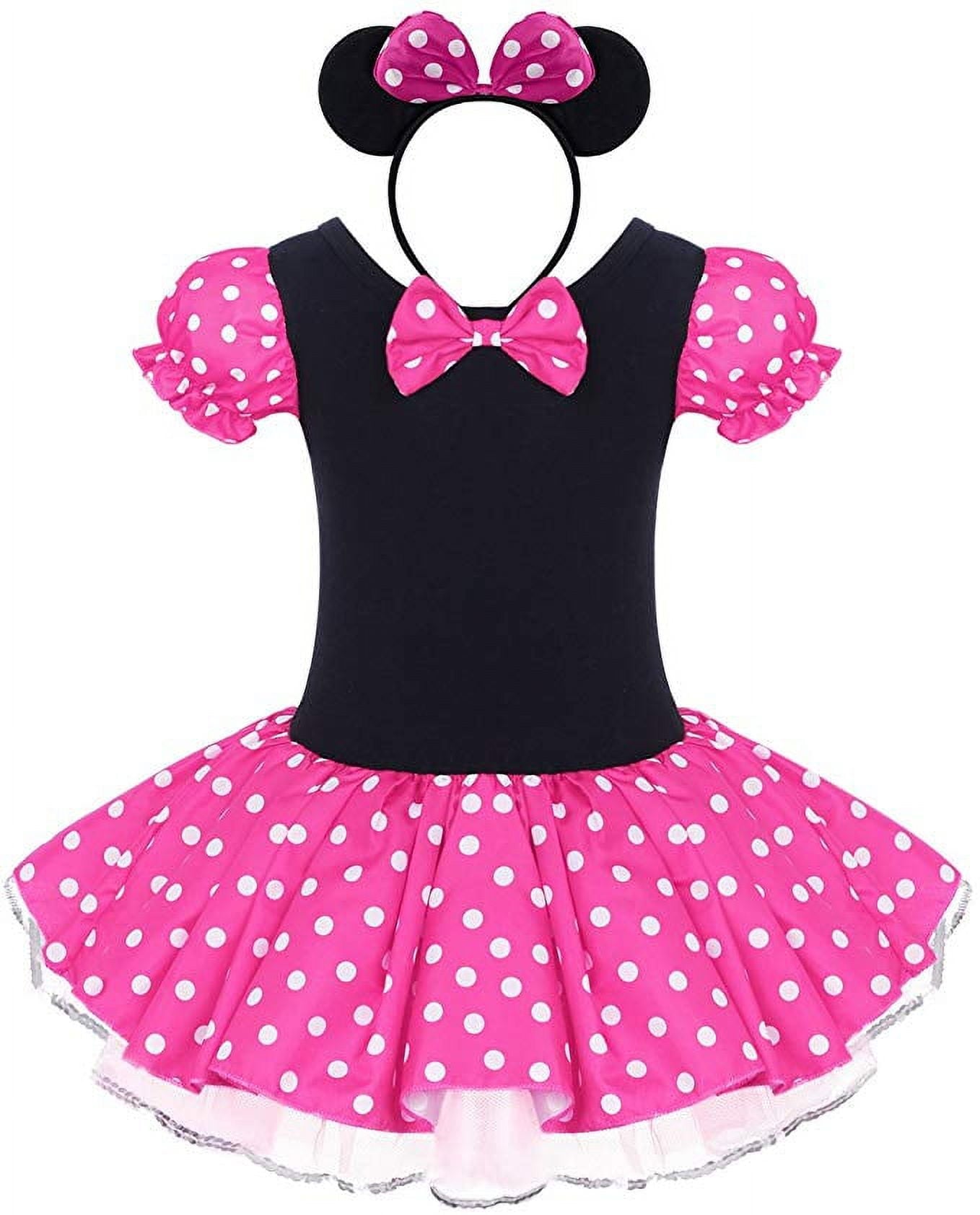 KAWELL Toddler Girls Polka Dot Tutu Dress with Ear Headband, Kids Character Inspired Costume Outfit for Halloween, Theme Park, Birthday Party, Child 12-18 Months