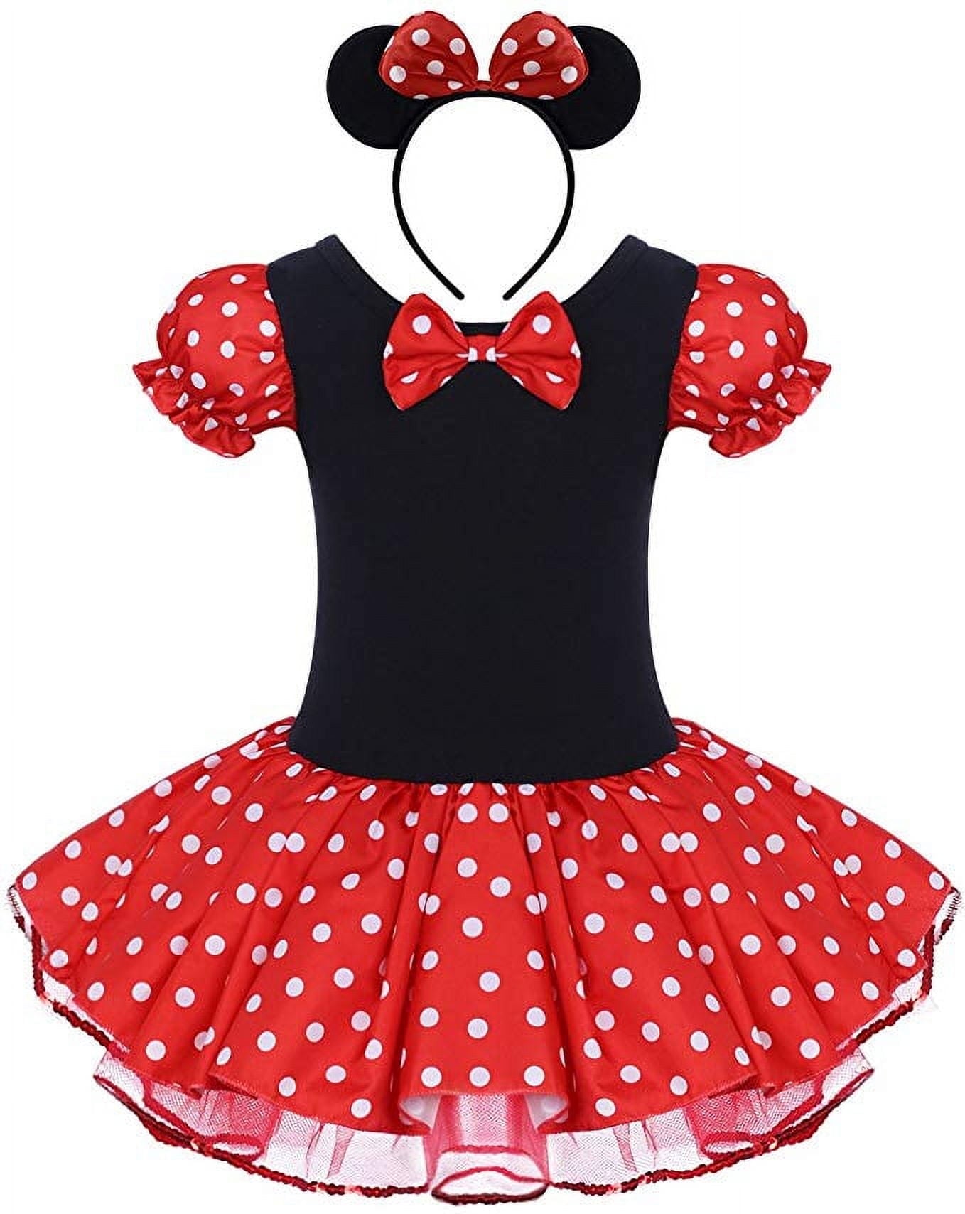 KAWELL Toddler Girls Polka Dot Tutu Dress with Ear Headband, Kids Character Inspired Costume Outfit for Halloween, Theme Park, Birthday Party, Child 12-18 Months