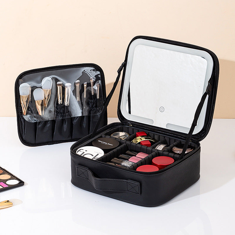 LED Lighted Makeup Bag with Mirror | Large Capacity Travel Cosmetic Case with Brush Holder & Partition
