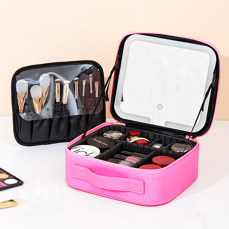 LED Lighted Makeup Bag with Mirror | Large Capacity Travel Cosmetic Case with Brush Holder & Partition