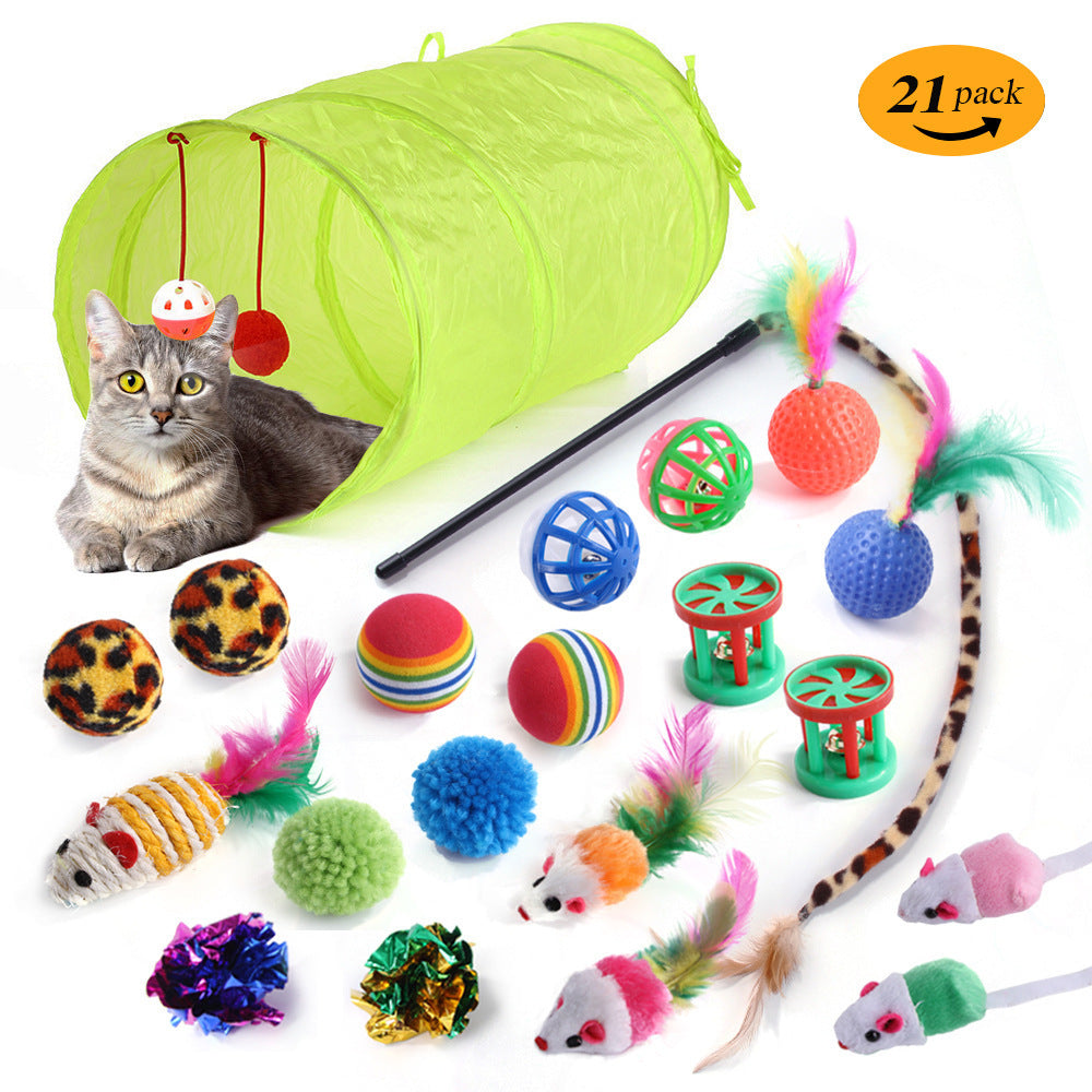 Interactive Cat Toy Set – Tunnel, Feather Wand, Plush Mouse & Sound Toys for Indoor Cats