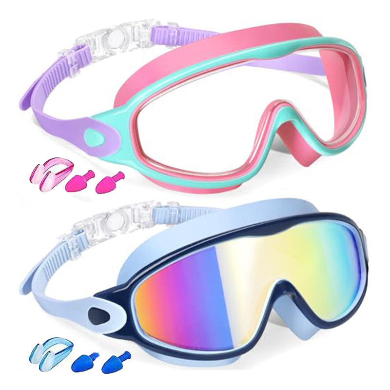 Kids Swimming Goggles with Earplugs & Nose Clip | Anti-Fog HD Large Frame