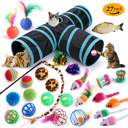 Interactive Cat Toy Set – Tunnel, Feather Wand, Plush Mouse & Sound Toys for Indoor Cats