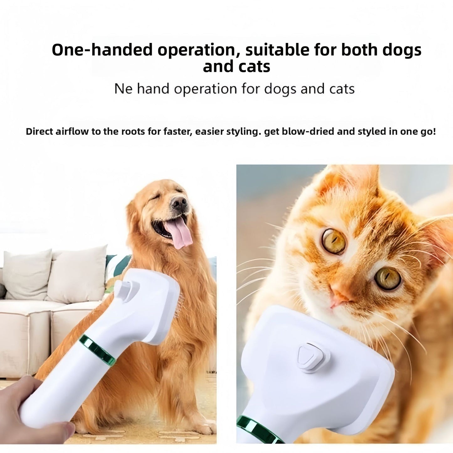 2-in-1 Pet Hair Dryer and Grooming Brush - Professional Dog & Cat Blow Dryer with Detangling Comb for Home Pet Grooming