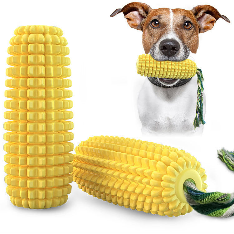 Squeaky Corn Dog Toy | TPR Teeth Grinding Stick, Toothbrush & Cotton Rope Toy for Cats & Dogs