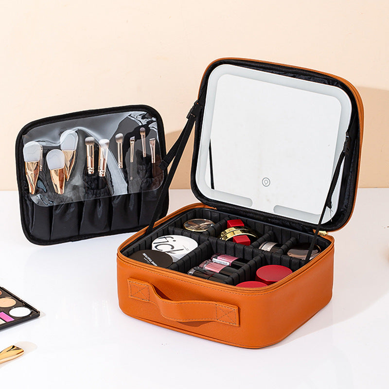 LED Lighted Makeup Bag with Mirror | Large Capacity Travel Cosmetic Case with Brush Holder & Partition