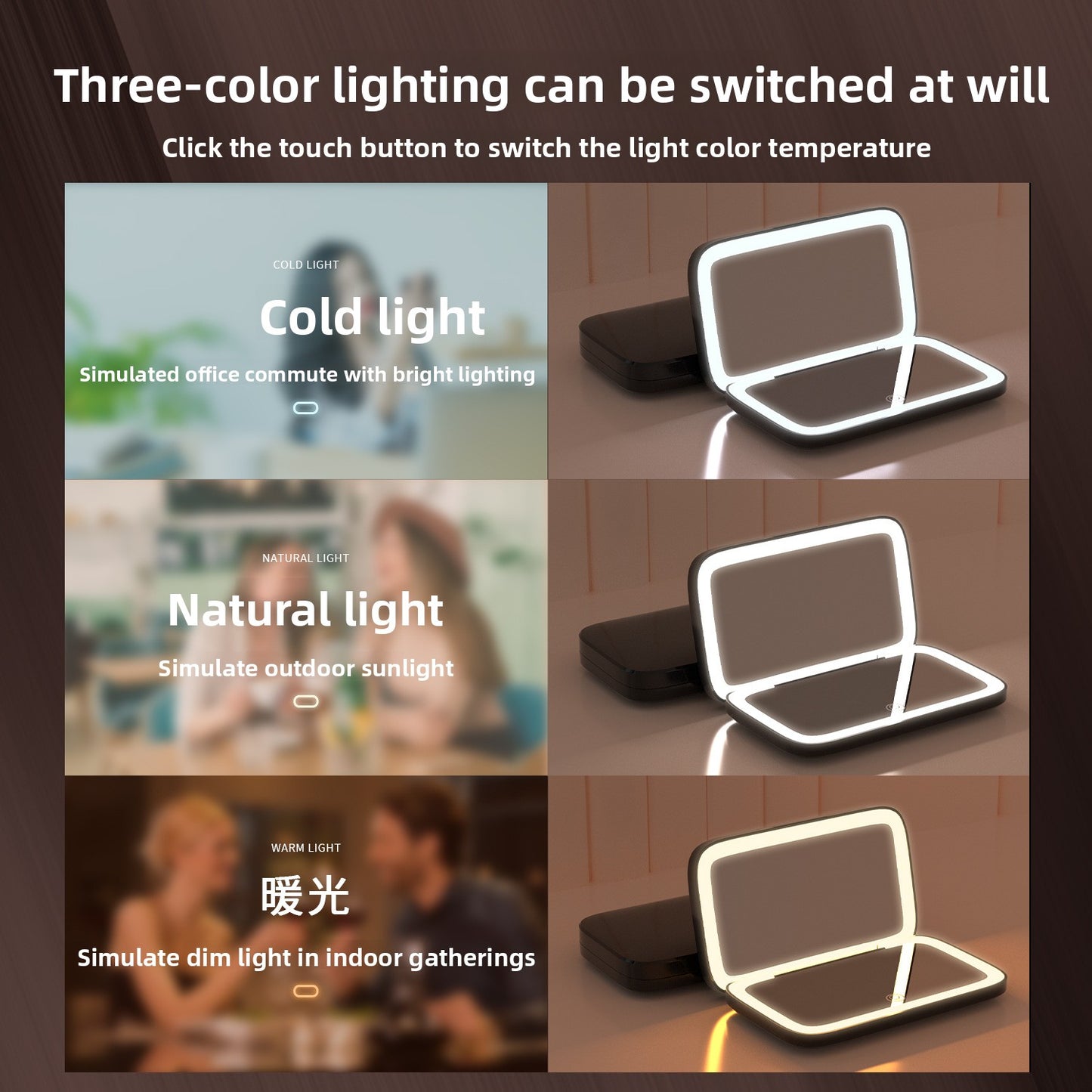 LED Handheld Vanity Mirror – Portable 3-Color Lighting, Single & Double Sided Makeup Mirror