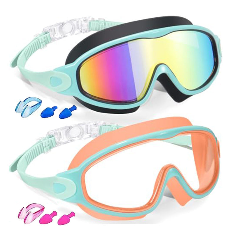 Kids Swimming Goggles with Earplugs & Nose Clip | Anti-Fog HD Large Frame