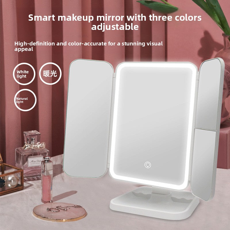 LED Makeup Mirror with Lights — 3-Fold Desktop Vanity Mirror with Storage & Rotating Base