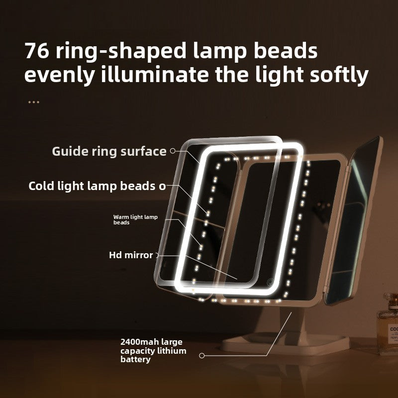 LED Makeup Mirror with Lights — 3-Fold Desktop Vanity Mirror with Storage & Rotating Base