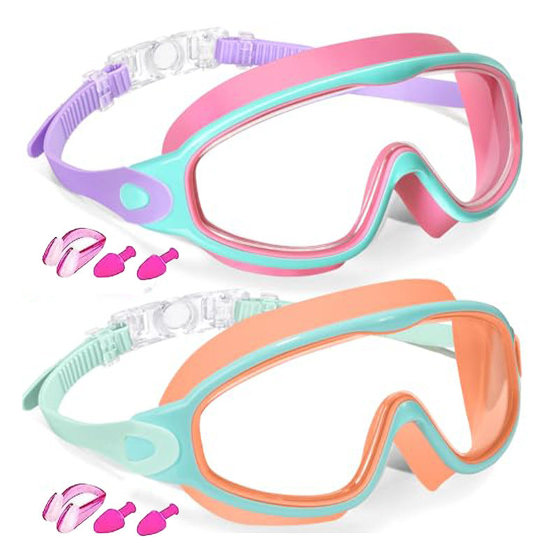 Kids Swimming Goggles with Earplugs & Nose Clip | Anti-Fog HD Large Frame