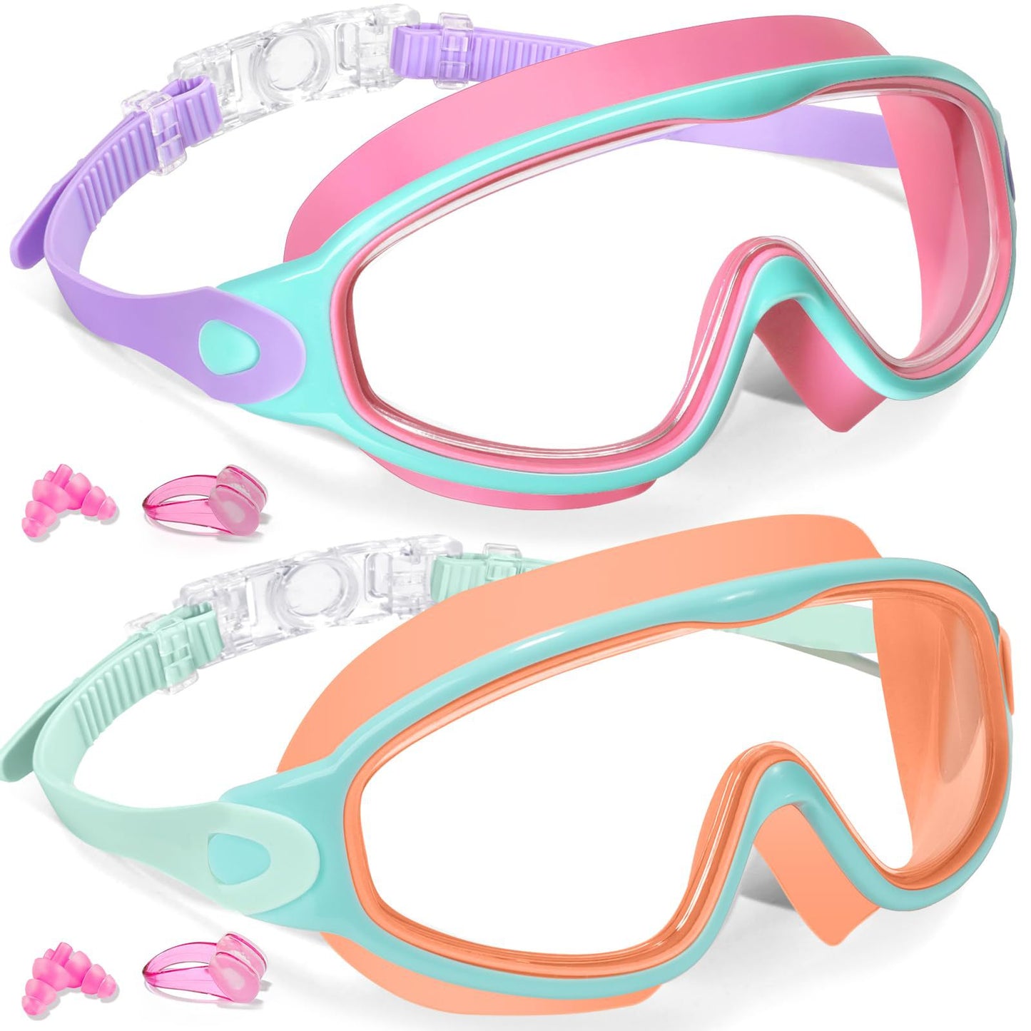 Kids Swimming Goggles with Earplugs & Nose Clip | Anti-Fog HD Large Frame