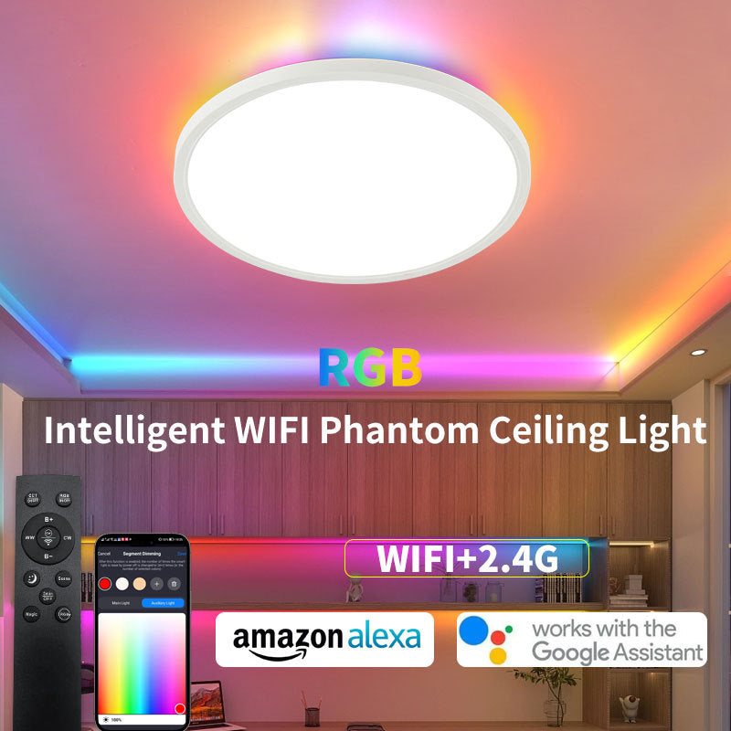 KAWELL Smart LED Ceiling Light – RGB Backlight + 3-Color Dimming, Ultra-Thin Round Panel, 24W, Infrared & WiFi Control (White/Black Frame)