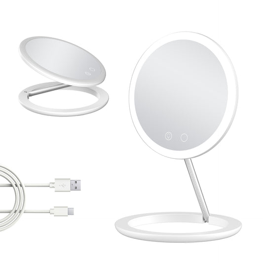 Folding Travel LED Makeup Mirror with Lights — Portable Compact Vanity Mirror (MR-L1051C)
