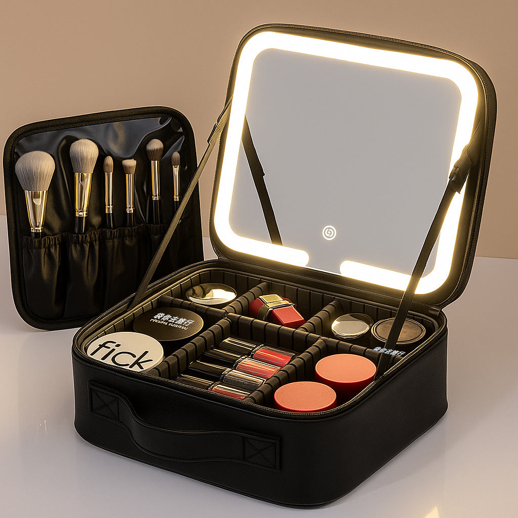 LED Lighted Makeup Bag with Mirror | Large Capacity Travel Cosmetic Case with Brush Holder & Partition