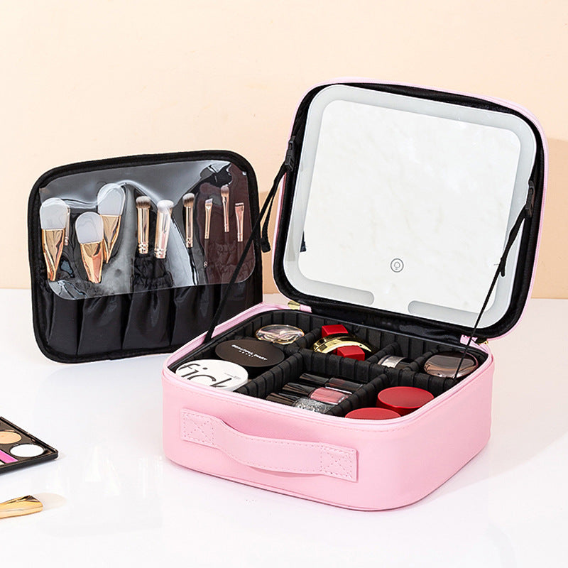 LED Lighted Makeup Bag with Mirror | Large Capacity Travel Cosmetic Case with Brush Holder & Partition