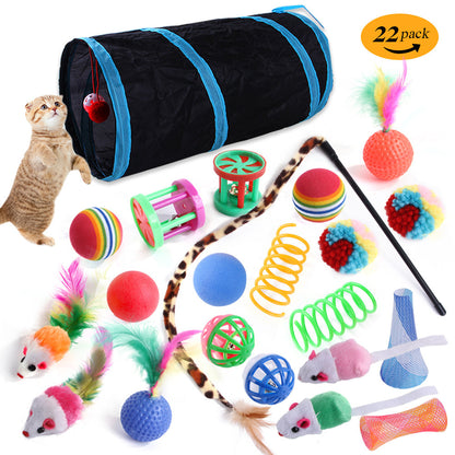 Interactive Cat Toy Set – Tunnel, Feather Wand, Plush Mouse & Sound Toys for Indoor Cats