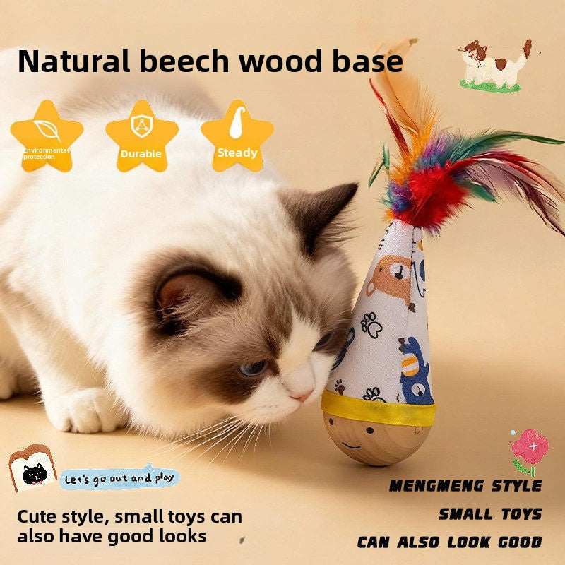 Cat Toys Natural Beech Tumbler Twist Toy Feather Teaser Cat Stick Scratch Resistant Bite Self Hi Pet Toys