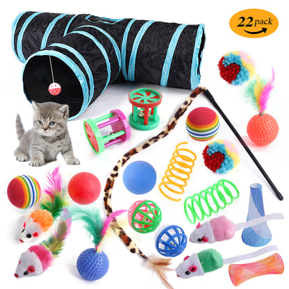 Interactive Cat Toy Set – Tunnel, Feather Wand, Plush Mouse & Sound Toys for Indoor Cats