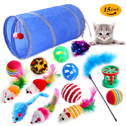Interactive Cat Toy Set – Tunnel, Feather Wand, Plush Mouse & Sound Toys for Indoor Cats