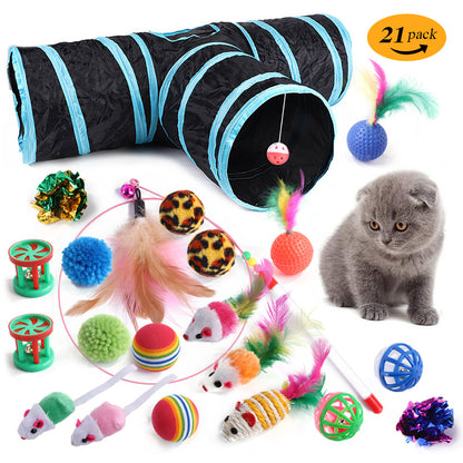 Interactive Cat Toy Set – Tunnel, Feather Wand, Plush Mouse & Sound Toys for Indoor Cats