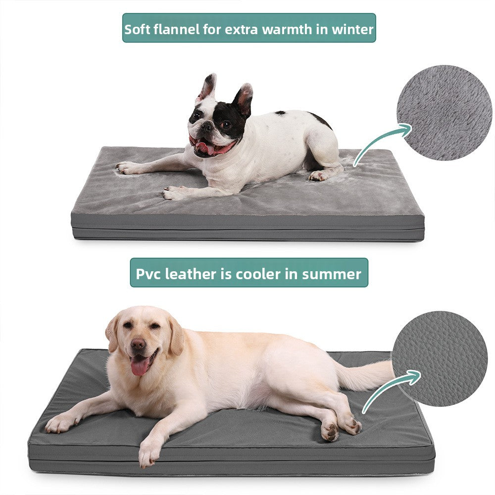 Double-Sided All-Season Dog Bed — Bite-Resistant Leather & Flannel Pet Cushion | 35" Grey