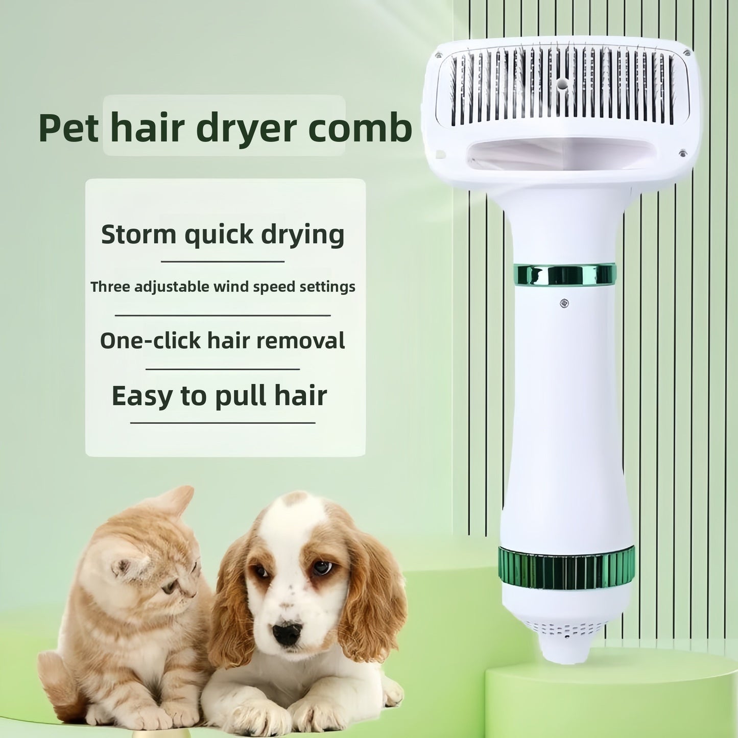 2-in-1 Pet Hair Dryer and Grooming Brush - Professional Dog & Cat Blow Dryer with Detangling Comb for Home Pet Grooming