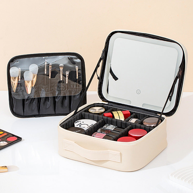 LED Lighted Makeup Bag with Mirror | Large Capacity Travel Cosmetic Case with Brush Holder & Partition