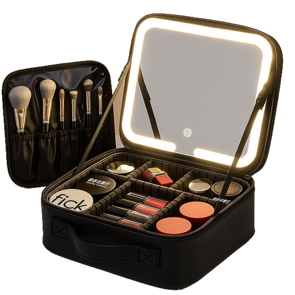 LED Lighted Makeup Bag with Mirror | Large Capacity Travel Cosmetic Case with Brush Holder & Partition