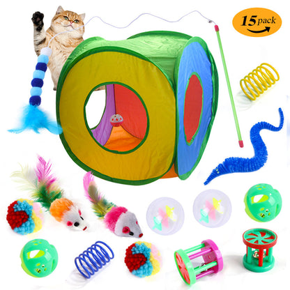 Interactive Cat Toy Set – Tunnel, Feather Wand, Plush Mouse & Sound Toys for Indoor Cats