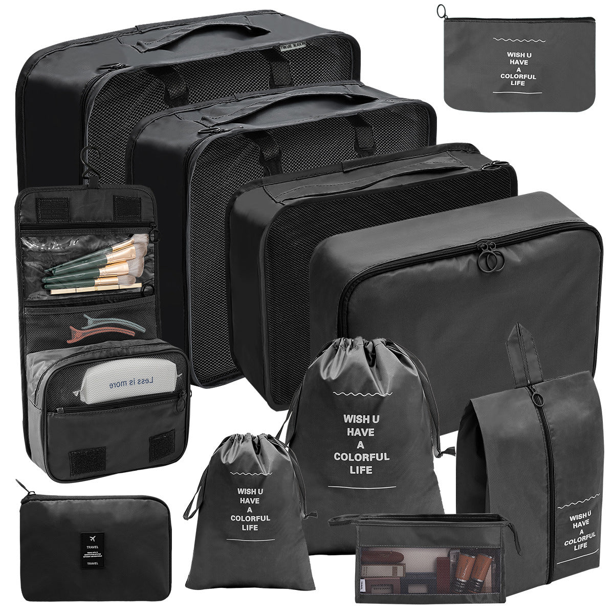 KAWELL Travel Storage Bag Set — 11-Piece Digital & Toiletry Organizer with Cosmetic Pouch, Shoe Bag & Packing Cubes