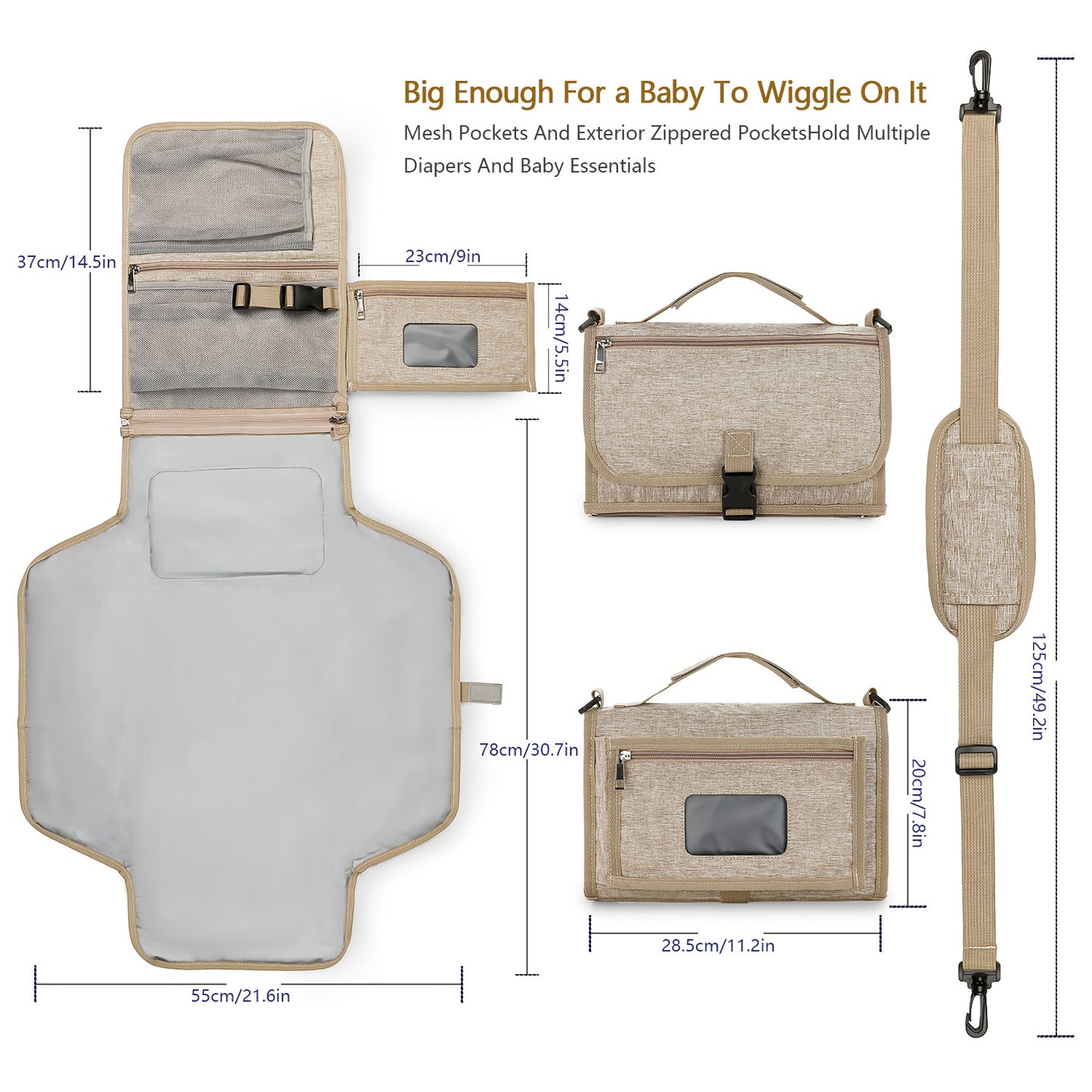 Large Portable Baby Diaper Changing Pad – Waterproof Foldable Mat with Shoulder Strap & Wipe Pocket