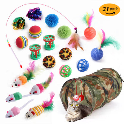 Interactive Cat Toy Set – Tunnel, Feather Wand, Plush Mouse & Sound Toys for Indoor Cats