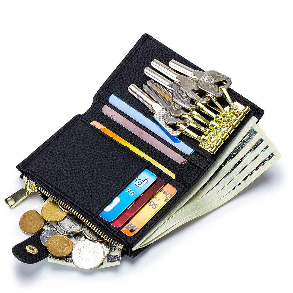 Genuine Leather Key Organizer Wallet – Compact Key Bag & Card Holder with Coin Pocket, Unisex