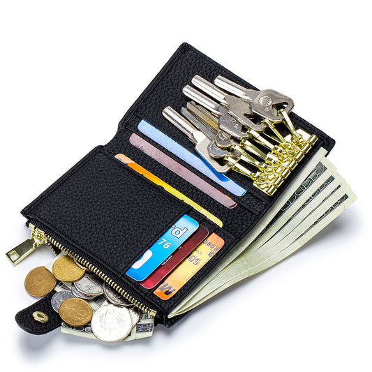 Genuine Leather Key Organizer Wallet – Compact Key Bag & Card Holder with Coin Pocket, Unisex