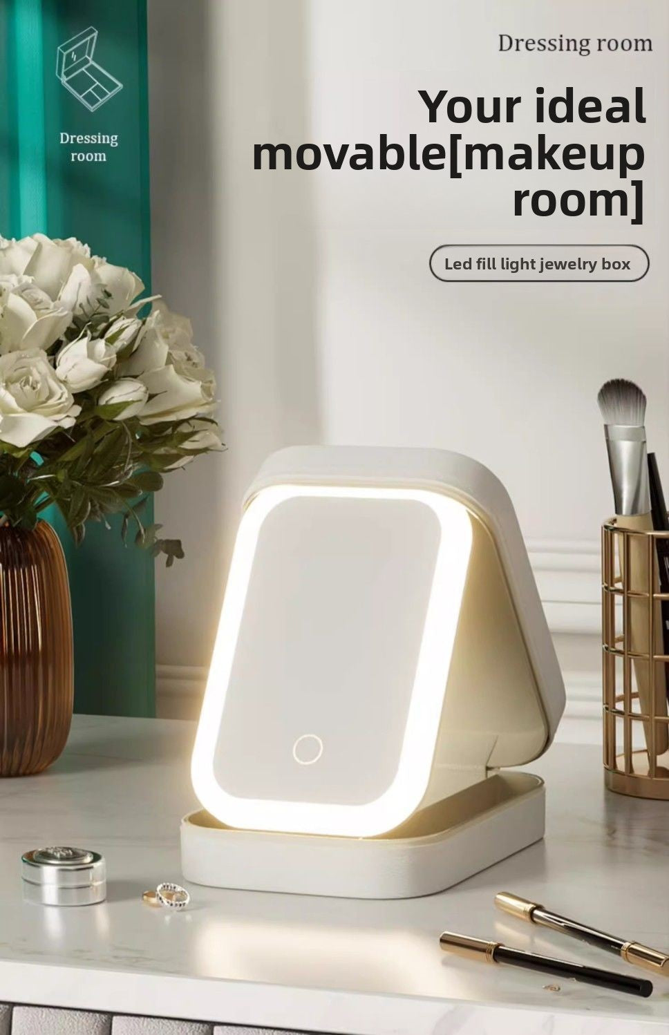 LED Makeup Mirror with Jewelry Storage Box — Smart Touch Tri-Color Lighting | Portable Vanity Mirror