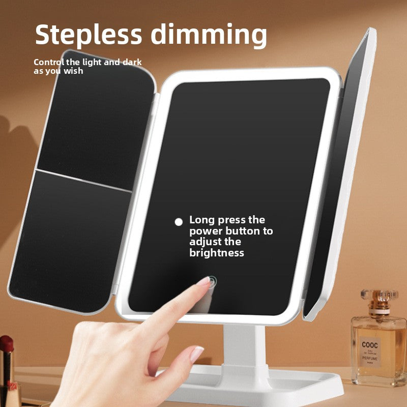 LED Makeup Mirror with Lights — 3-Fold Desktop Vanity Mirror with Storage & Rotating Base