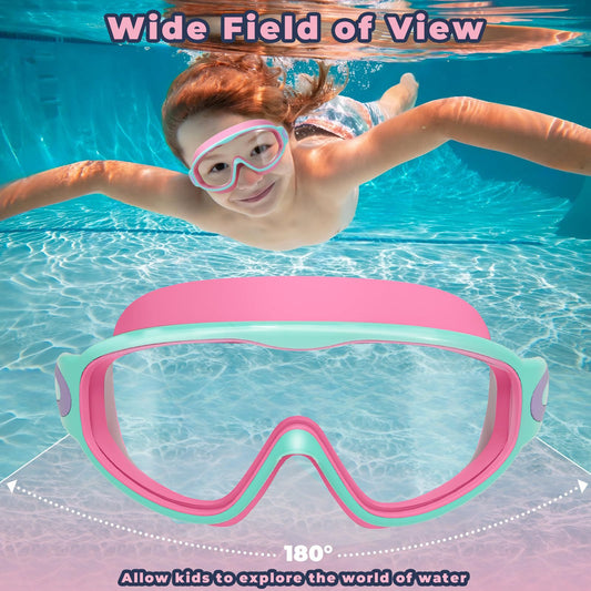 Kids Swimming Goggles with Earplugs & Nose Clip | Anti-Fog HD Large Frame