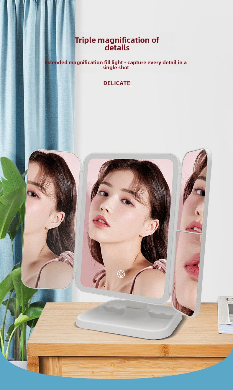 LED Makeup Mirror with Lights — 3-Fold Desktop Vanity Mirror with Storage & Rotating Base