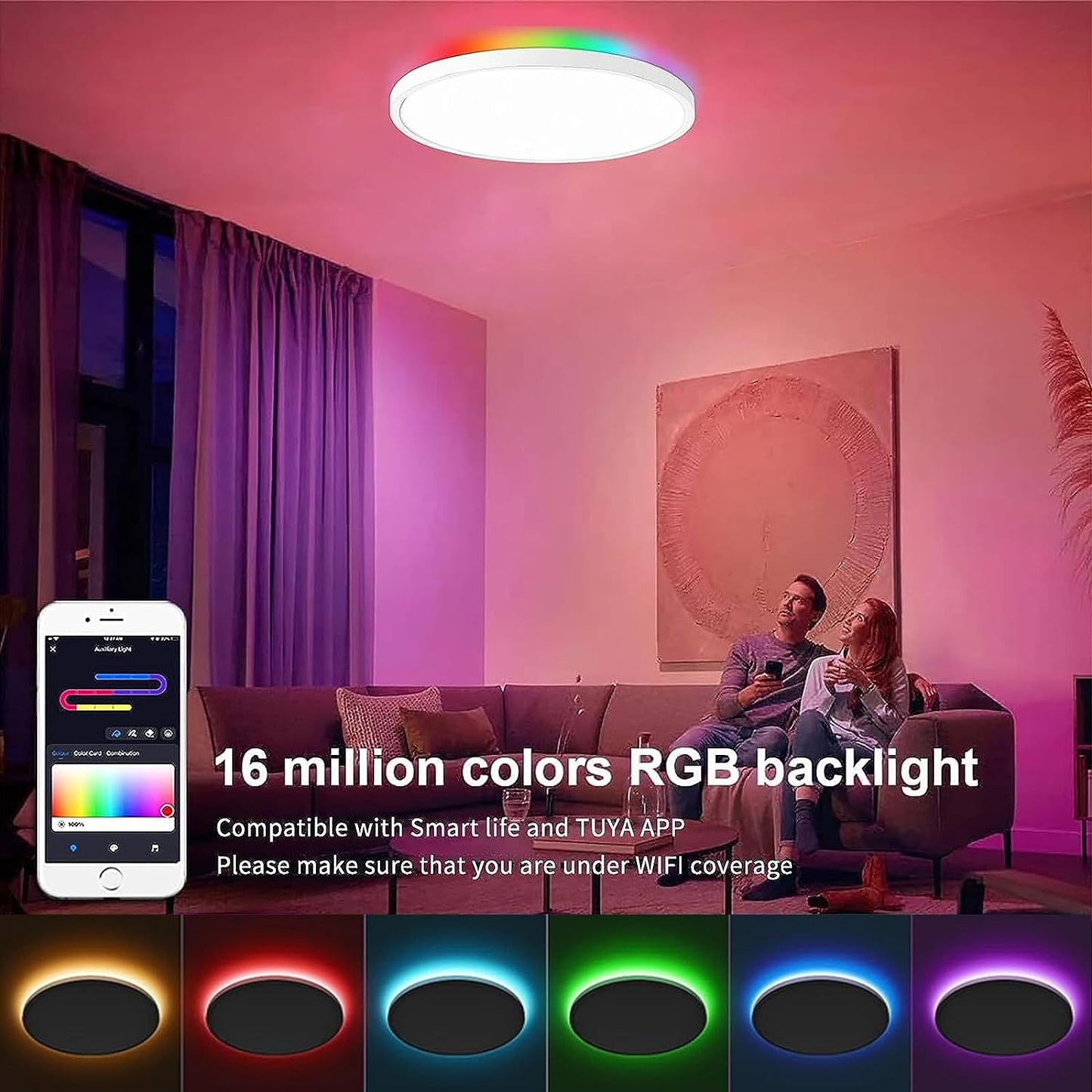 KAWELL Smart LED Ceiling Light – RGB Backlight + 3-Color Dimming, Ultra-Thin Round Panel, 24W, Infrared & WiFi Control (White/Black Frame)