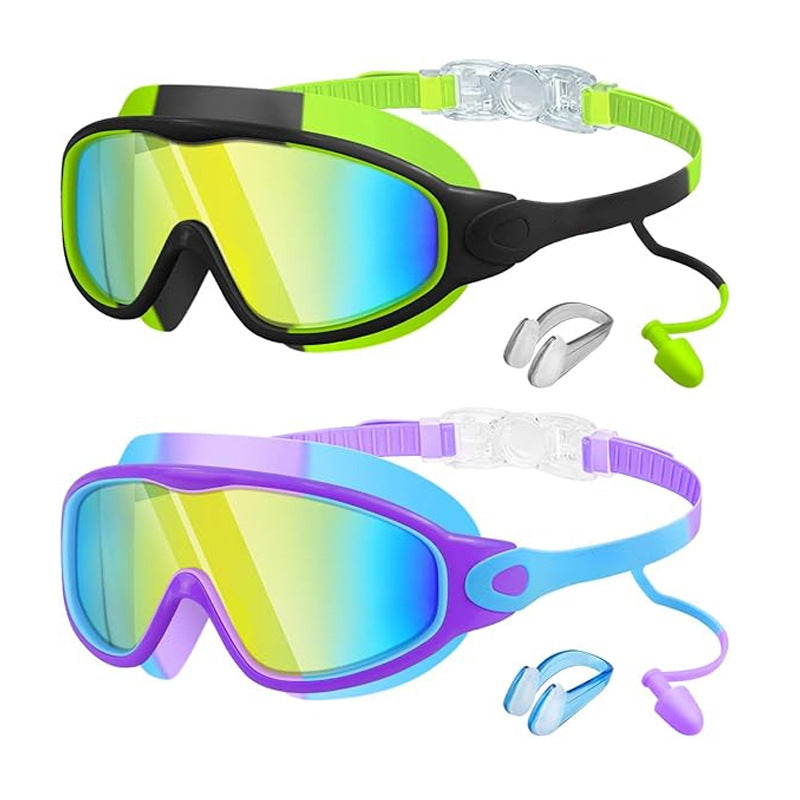 Kids Swimming Goggles with Earplugs & Nose Clip | Anti-Fog HD Large Frame