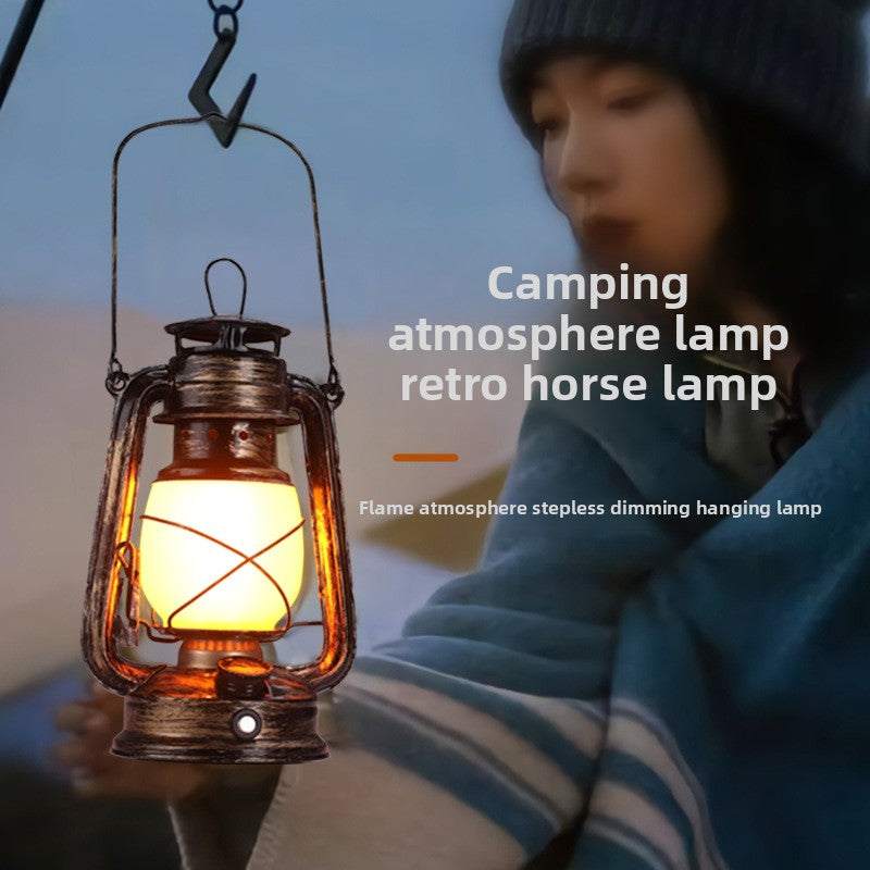 KAWELL Retro Horse Lamp | LED Camping Lantern with Flame & 3-Color Dimming | Rechargeable Portable Tent Light