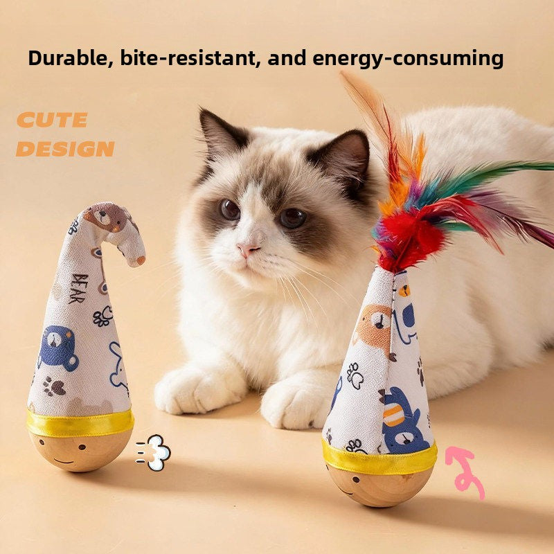 Cat Toys Natural Beech Tumbler Twist Toy Feather Teaser Cat Stick Scratch Resistant Bite Self Hi Pet Toys