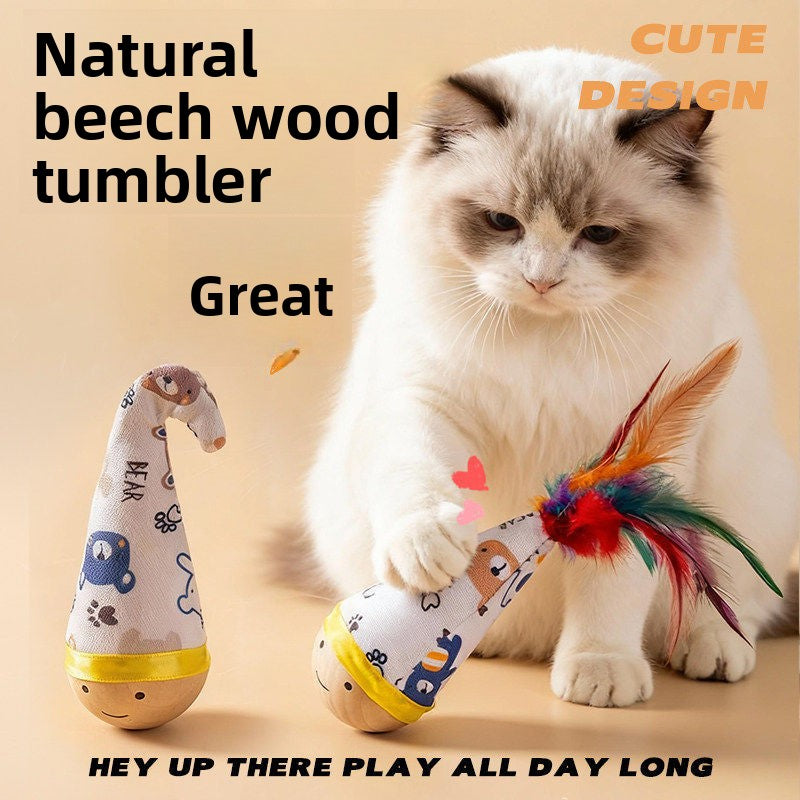 Cat Toys Natural Beech Tumbler Twist Toy Feather Teaser Cat Stick Scratch Resistant Bite Self Hi Pet Toys