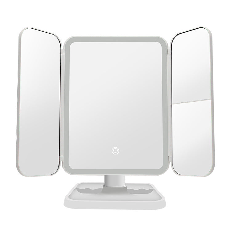 LED Makeup Mirror with Lights — 3-Fold Desktop Vanity Mirror with Storage & Rotating Base
