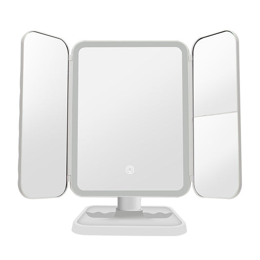 LED Makeup Mirror with Lights — 3-Fold Desktop Vanity Mirror with Storage & Rotating Base