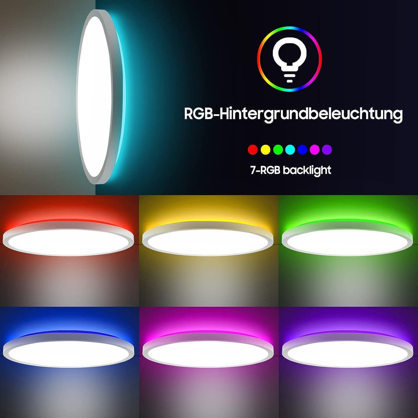 KAWELL Smart LED Ceiling Light – RGB Backlight + 3-Color Dimming, Ultra-Thin Round Panel, 24W, Infrared & WiFi Control (White/Black Frame)