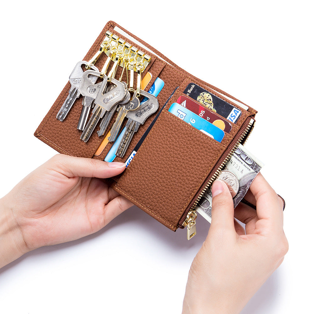 Genuine Leather Key Organizer Wallet – Compact Key Bag & Card Holder with Coin Pocket, Unisex