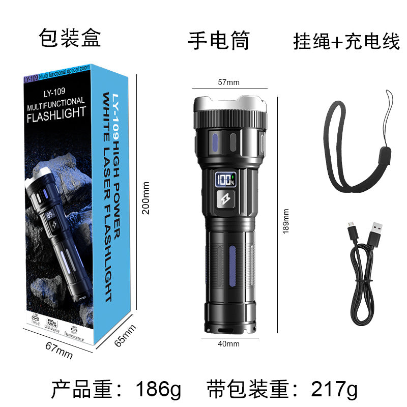 KAWELL High Power White Laser Flashlight – Rechargeable, Zoomable, Digital Display, Outdoor Searchlight